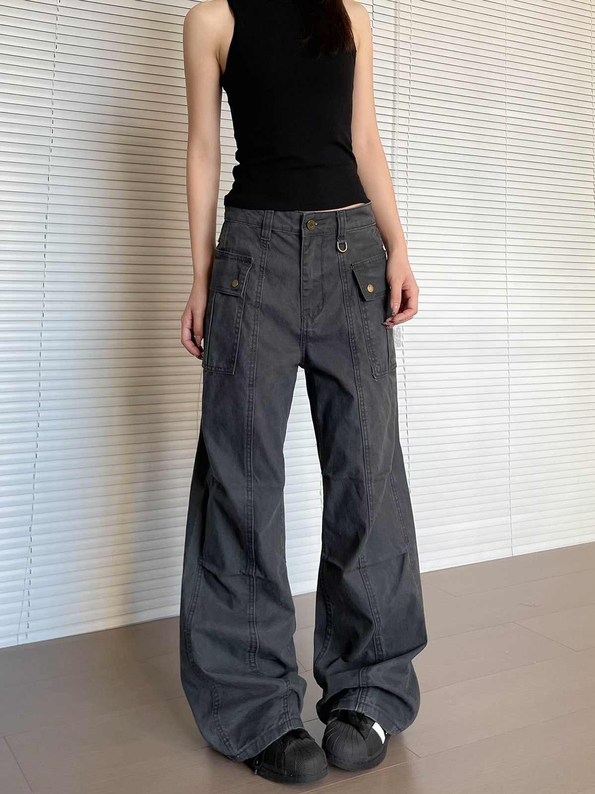 Womens Straight-Leg, Slightly Flared, 3D Slimming Washed Casual All-Match Long Pants
