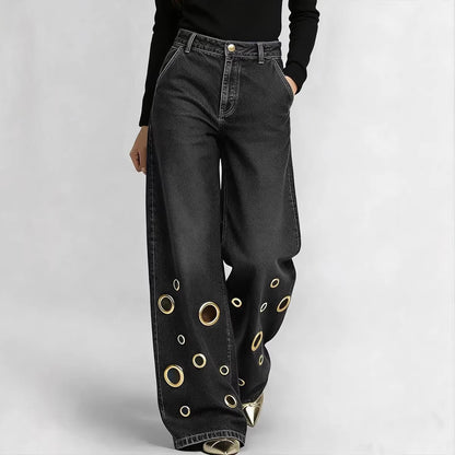 High-waisted Loose-fit Denim Jeans With Cutout Detailing And Metal Eyelets