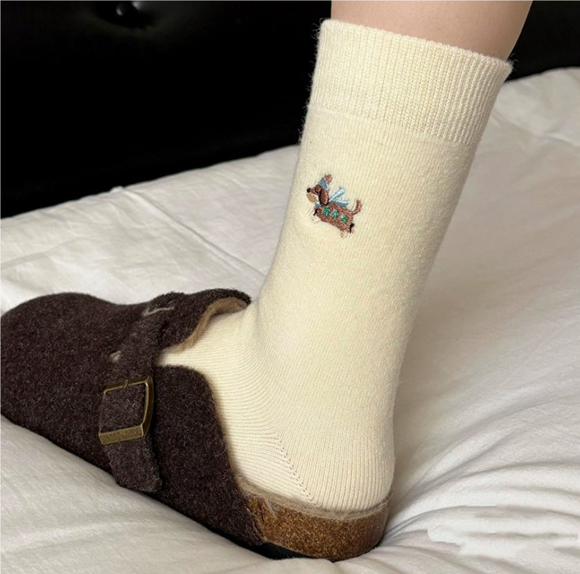 Embroidered Merino Wool Winter Thickened Warm Mid-Calf Socks