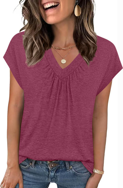 SpringSummer New Solid Color V-Neck Loose Short-Sleeve T-Shirt Top For Women