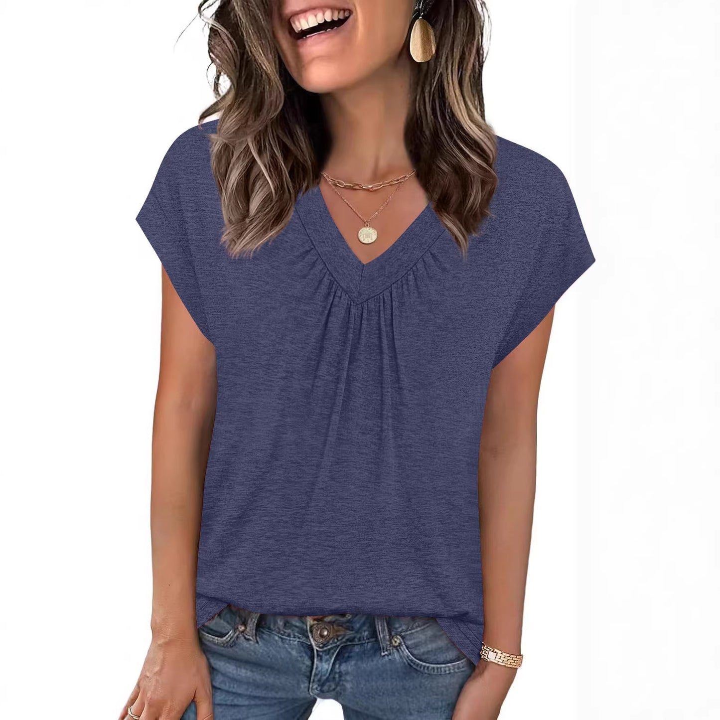 SpringSummer New Solid Color V-Neck Loose Short-Sleeve T-Shirt Top For Women