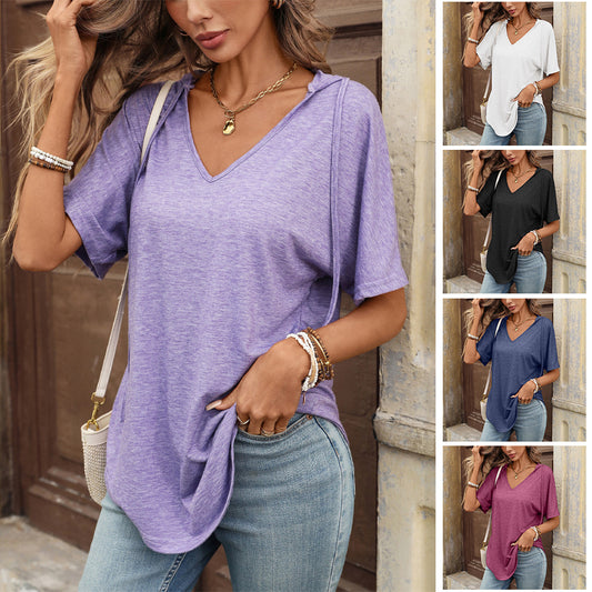 SpringSummer New Solid-Colored V-Neck Short-Sleeve T-Shirt Loose Casual Top For Women
