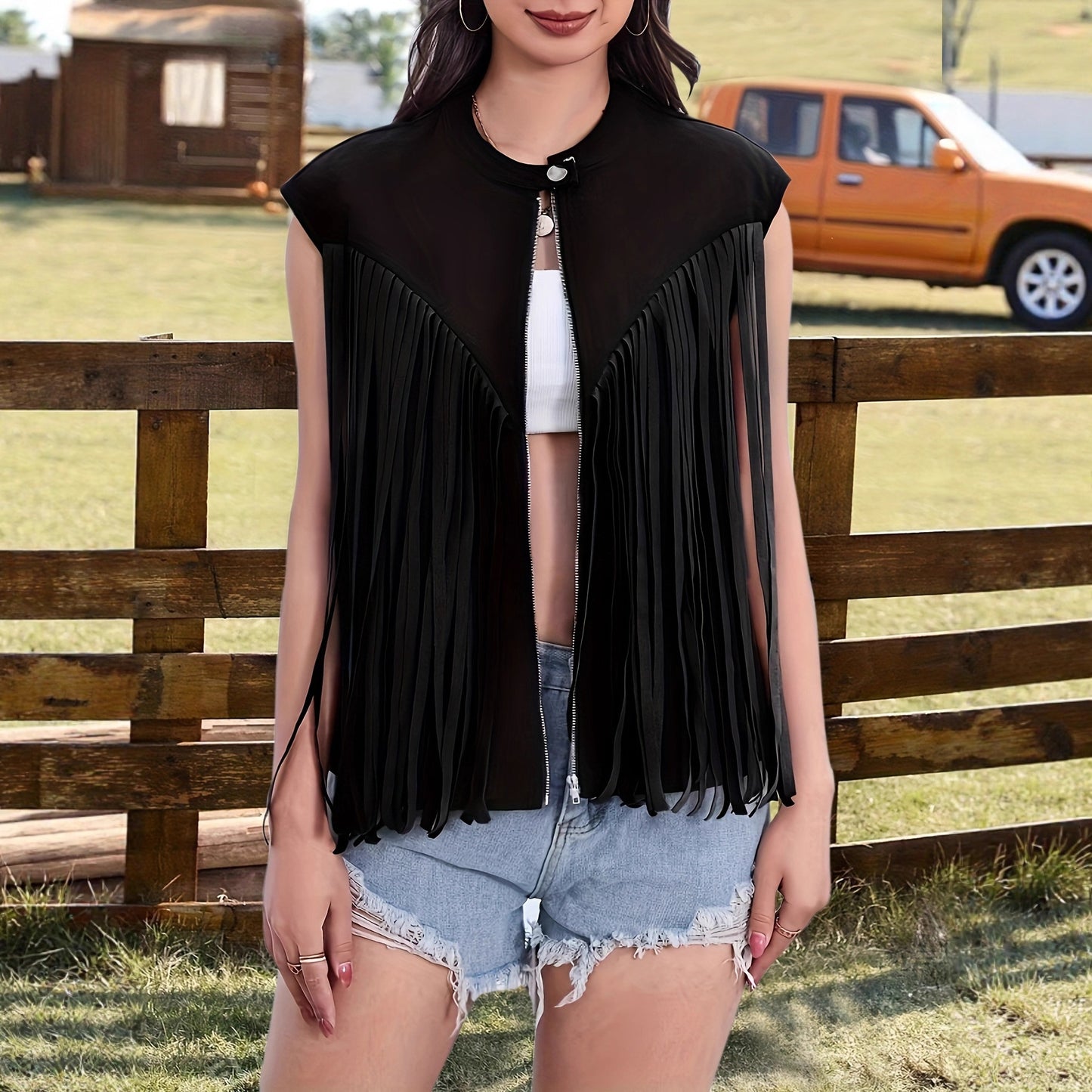 Women's Solid Color Tassel Vest Sleeveless Zipper Loose Jacket