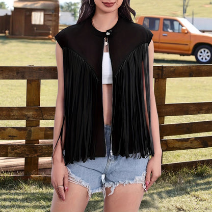 Women's Solid Color Tassel Vest Sleeveless Zipper Loose Jacket