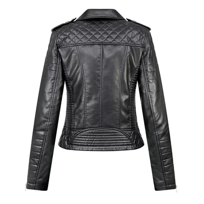 Turn-down Collar Motorcycle PU Leather Jacket Womens