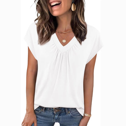 SpringSummer New Solid Color V-Neck Loose Short-Sleeve T-Shirt Top For Women