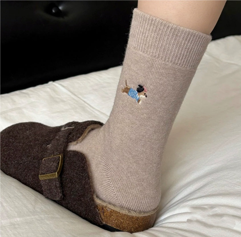 Embroidered Merino Wool Winter Thickened Warm Mid-Calf Socks