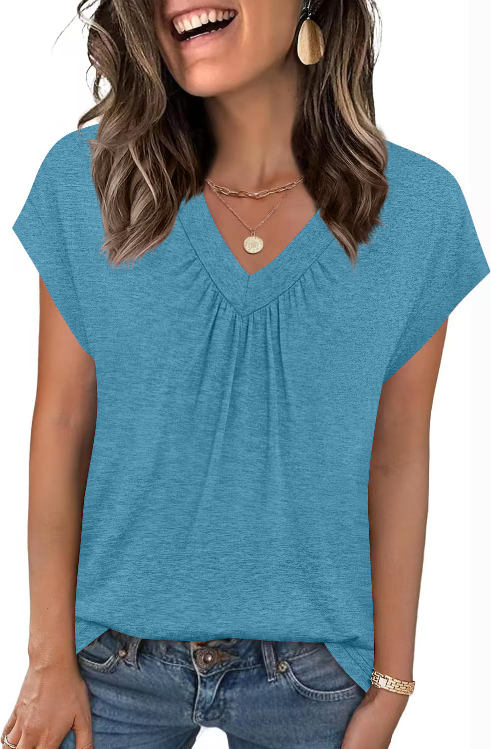 SpringSummer New Solid Color V-Neck Loose Short-Sleeve T-Shirt Top For Women