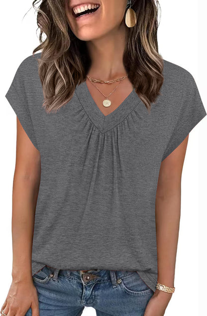 SpringSummer New Solid Color V-Neck Loose Short-Sleeve T-Shirt Top For Women